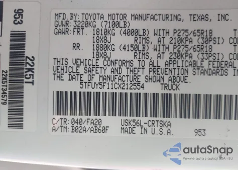 2012 Toyota Tundra Grade 5.7L V8 from USA, damaged, VIN 5TFUY5F11CX212554
